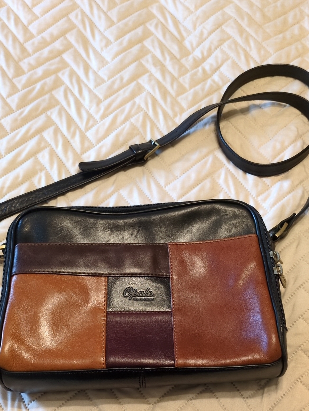 Colorblock Leather Messenger Bag in Black and Brown